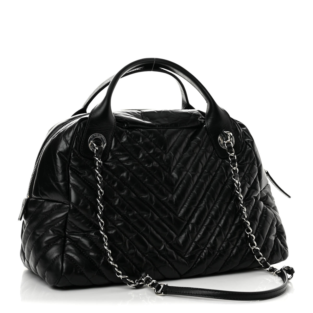 Aged Calfskin Chevron Medium Soft Bowling Bag Black