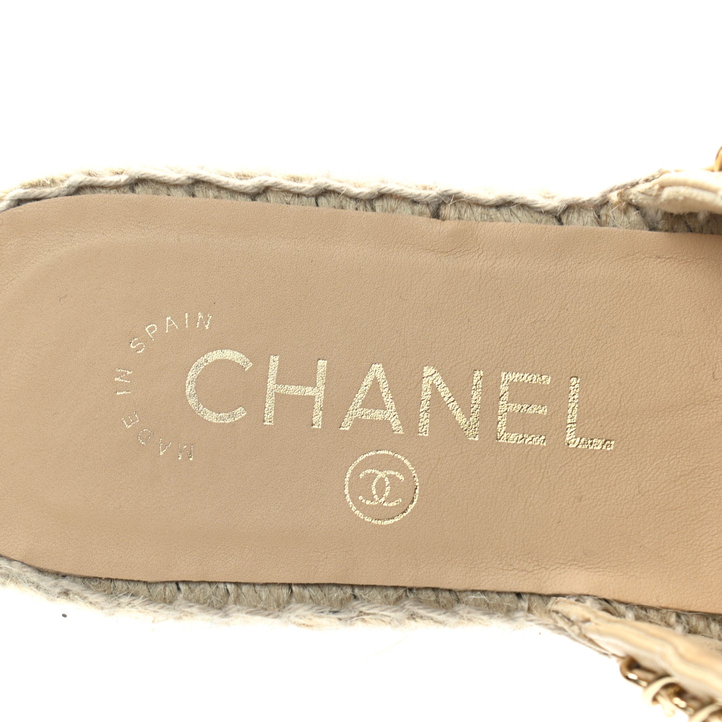 Lambskin Grosgrain Quilted CC Chain Espadrille Mules 36 Beige Black