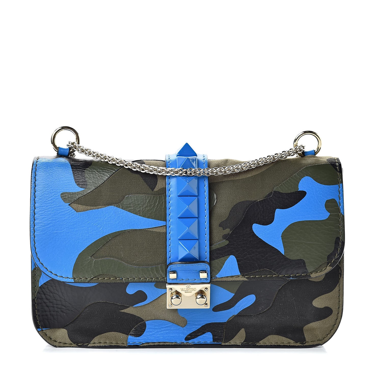 Nappa Canvas Camouflage Medium Glam Lock Rockstud Flap Blue Fluo