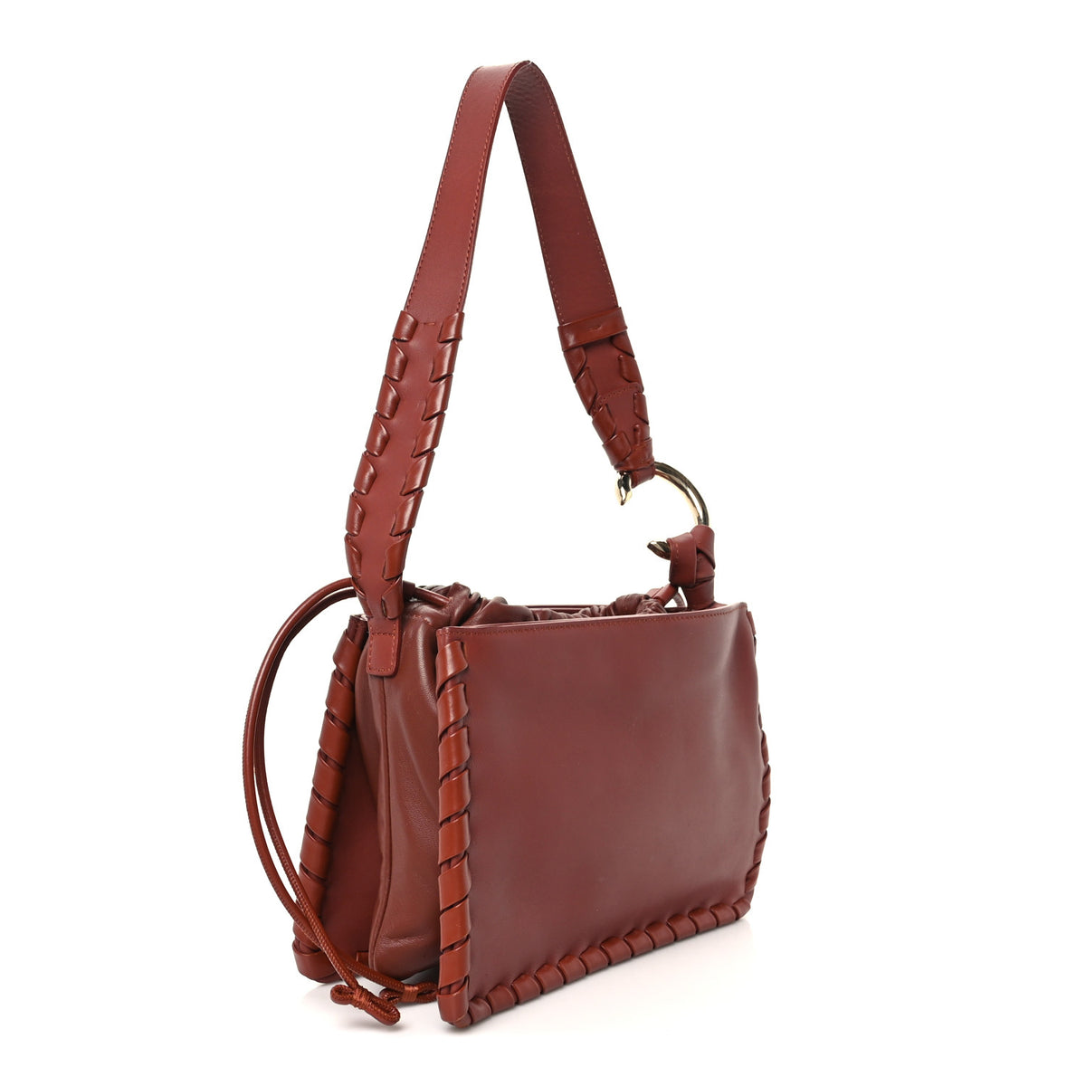 Calfskin Mate Woven Drawstring Shoulder Bag Bold Brown