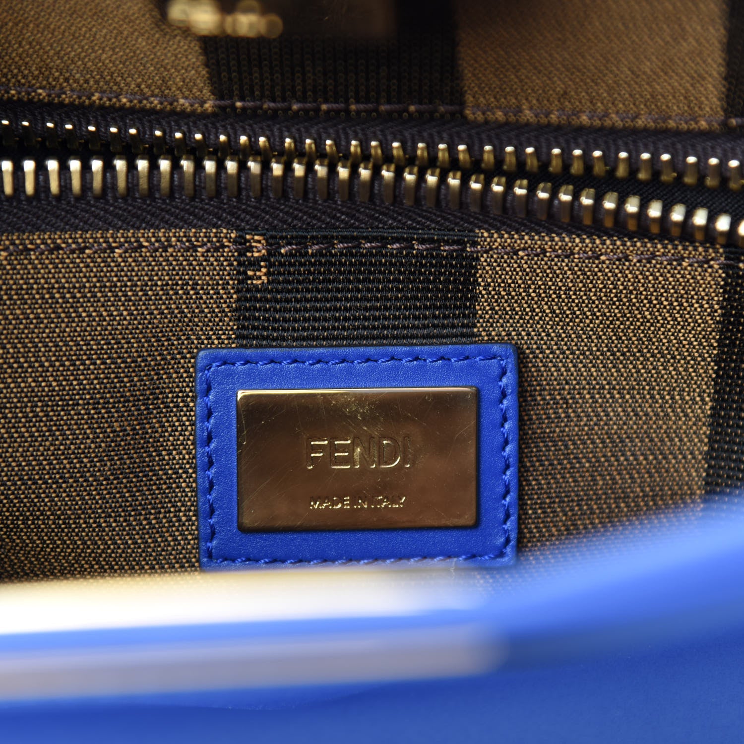 Fendi Vitello Morgan Fabric Jacquard Pequin Medium Peekaboo Iconic Satchel Blue Neon Tobacco 9 of 11