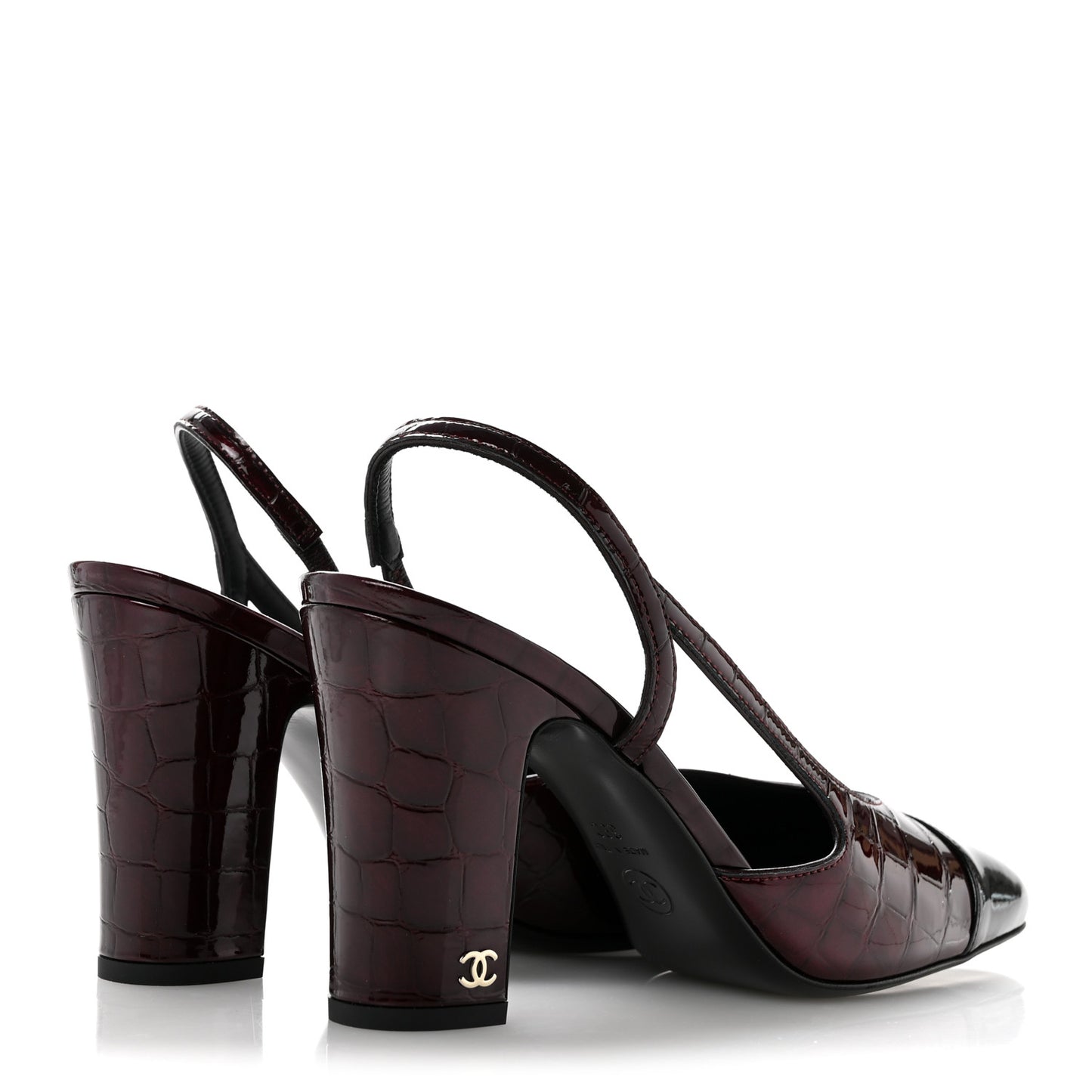Patent Calfskin Crocodile Embossed Cap Toe CC Slingback Sandals 39 Dark Burgundy Black