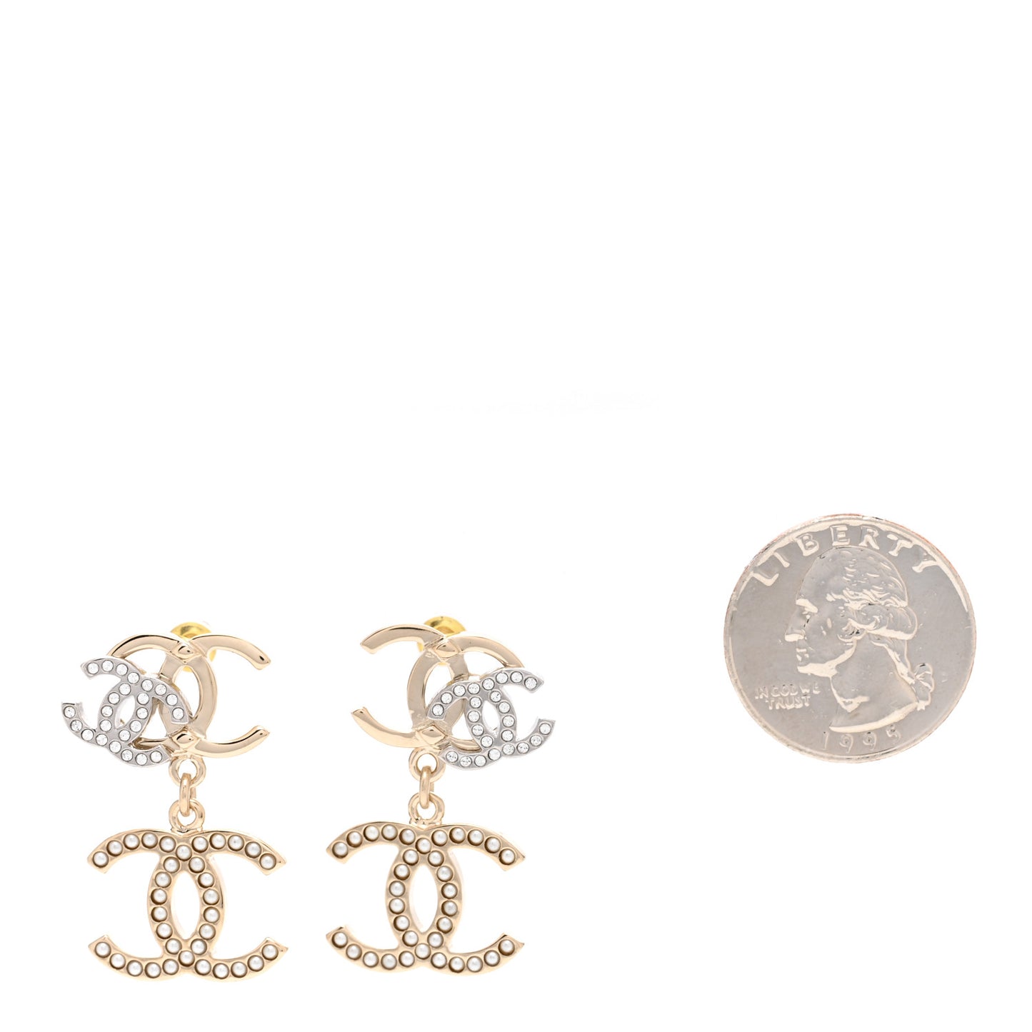 Crystal Pearl Double CC Drop Earrings Gold Silver