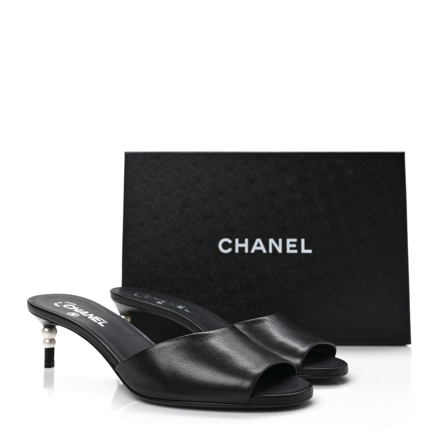 Goatskin Pearl Peep Toe Mules 40 Black