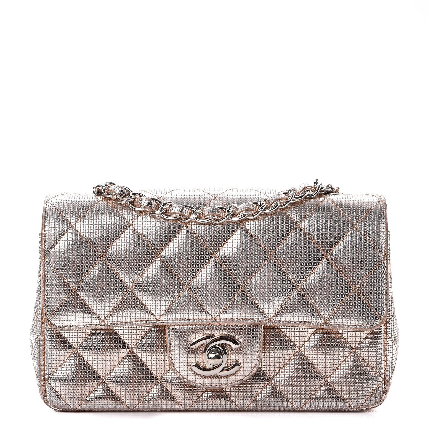 Metallic Calfskin Quilted Pixel Effect Mini Rectangular Flap Pink Gold