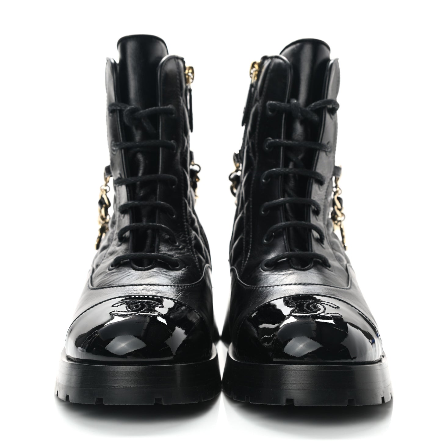 Shiny Calfskin Patent Quilted Chain Lace Up Combat Boots 38 Black