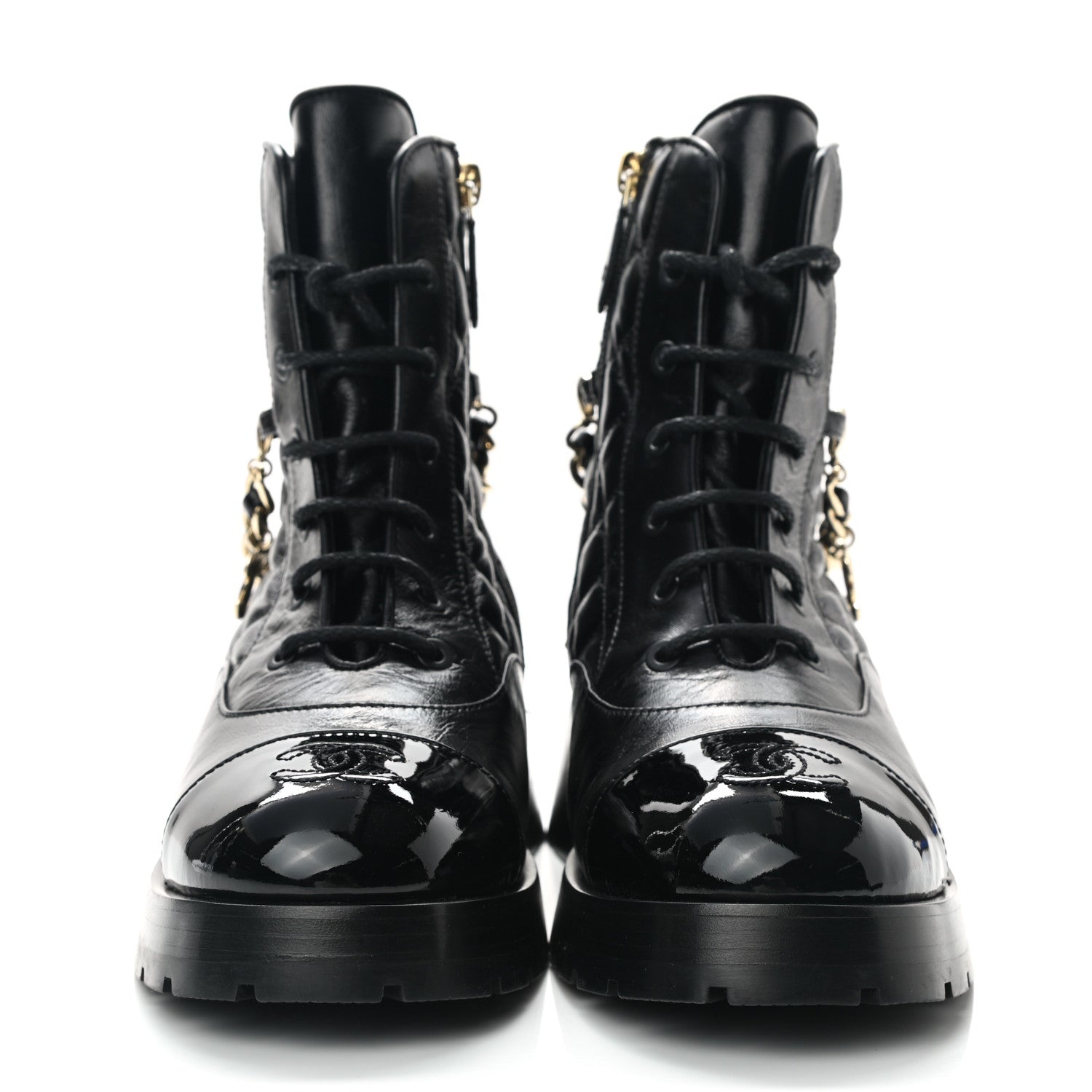 Chanel Shiny Calfskin Patent Quilted Chain Lace Up Combat Boots 38 Black 2 of 8