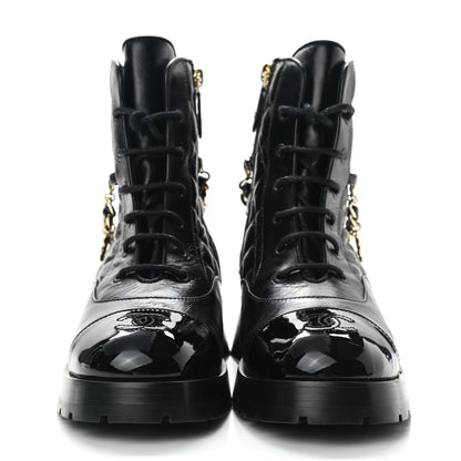 Chanel Shiny Calfskin Patent Quilted Chain Lace Up Combat Boots 38 Black 2 of 8