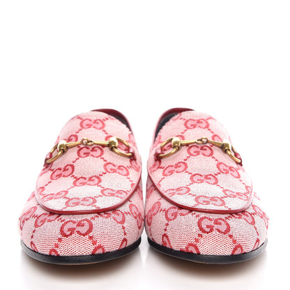 Gucci Canvas GG Monogram Horsebit Womens Jordaan Loafers 37 Gardenia Hibiscus Red 2 of 9