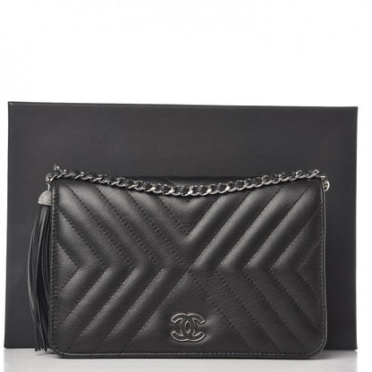 Chanel Calfskin Chevron Quilted Tassel Wallet On Chain Black 9 of 9