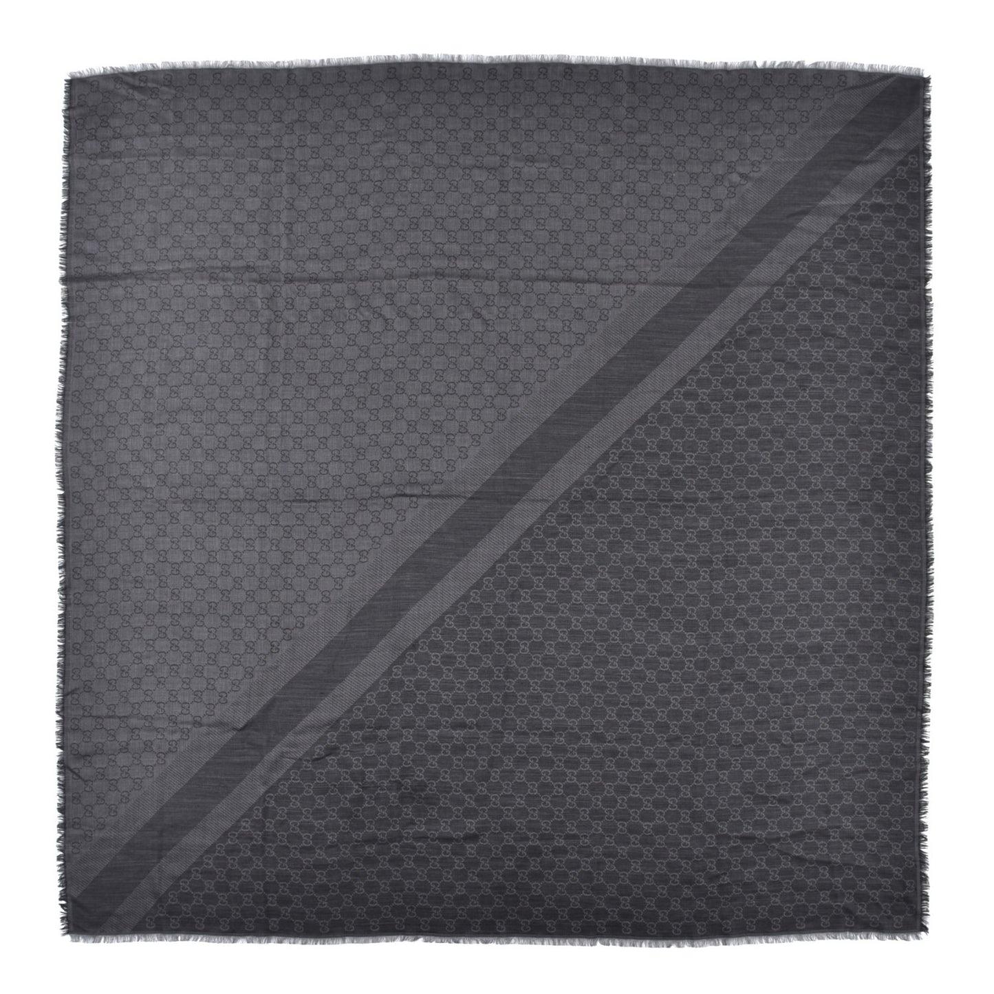 Wool Silk Monogram GGWeb Fringe Shawl Black Medium Grey