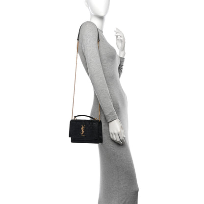 Saint Laurent Calfskin Crocodile Embossed Monogram Sunset Top Handle Chain Wallet Black 2 of 12
