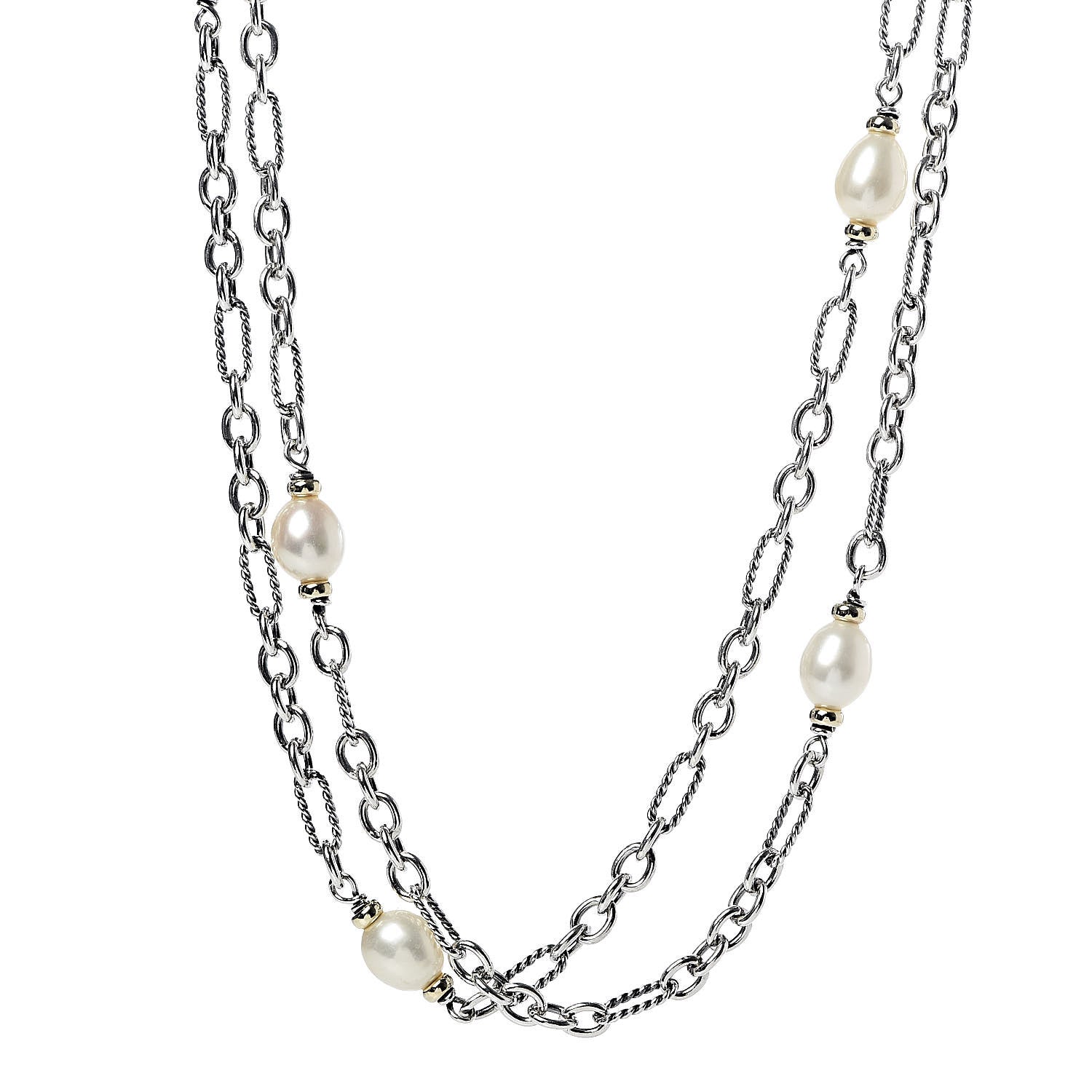David Yurman Sterling Silver 18K Yellow Gold Baroque Pearl Long Figaro Chain Necklace 1 of 5