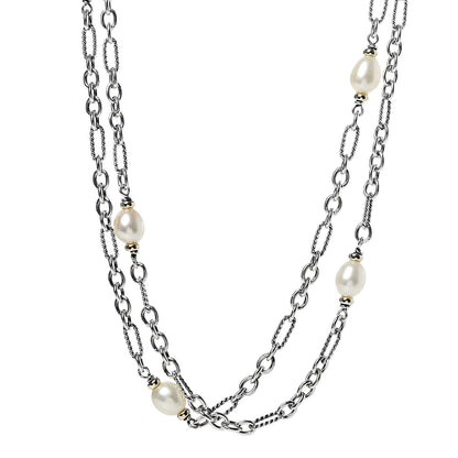 David Yurman Sterling Silver 18K Yellow Gold Baroque Pearl Long Figaro Chain Necklace 1 of 5