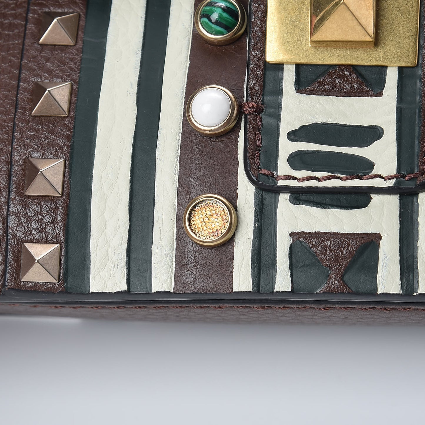 Grained Calfskin Tribal B-Rockstud Rolling Flap Cacao