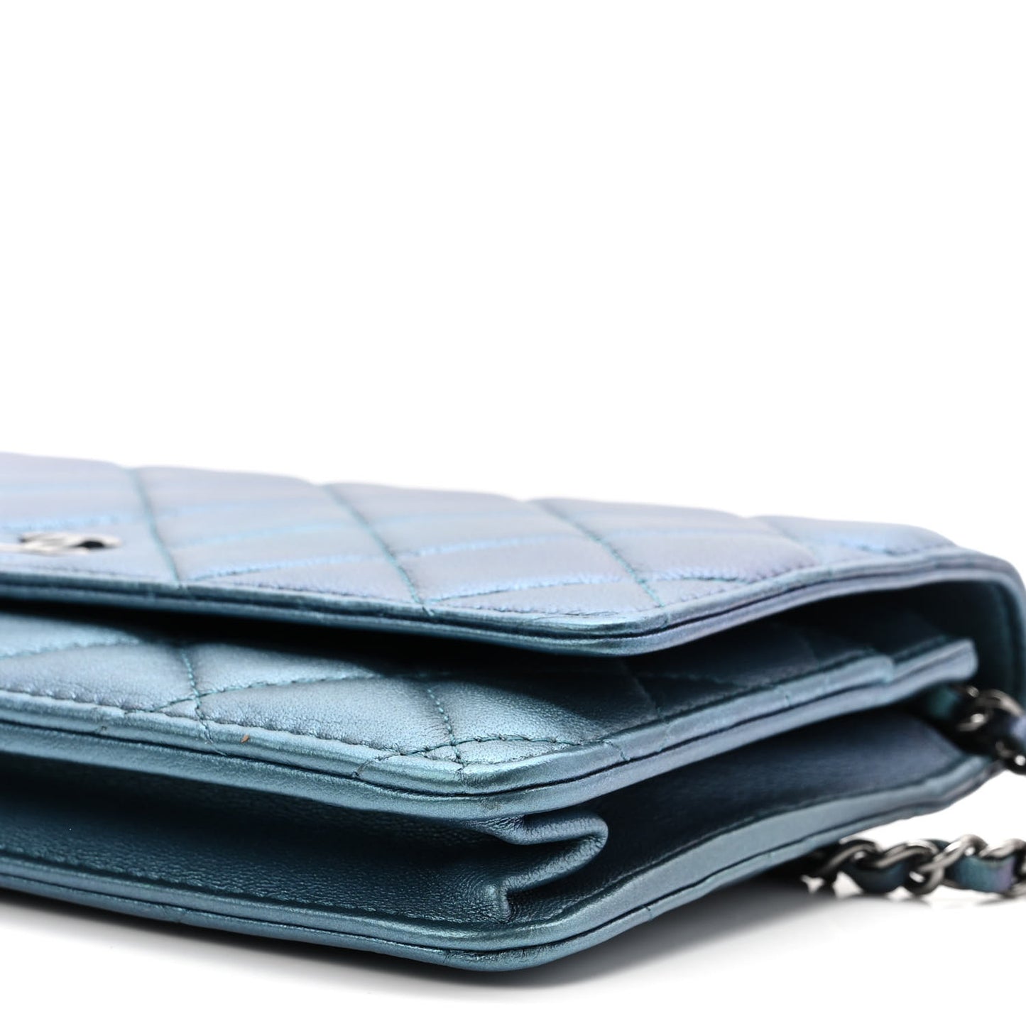 Metallic Lambskin Wallet On Chain WOC Turquoise