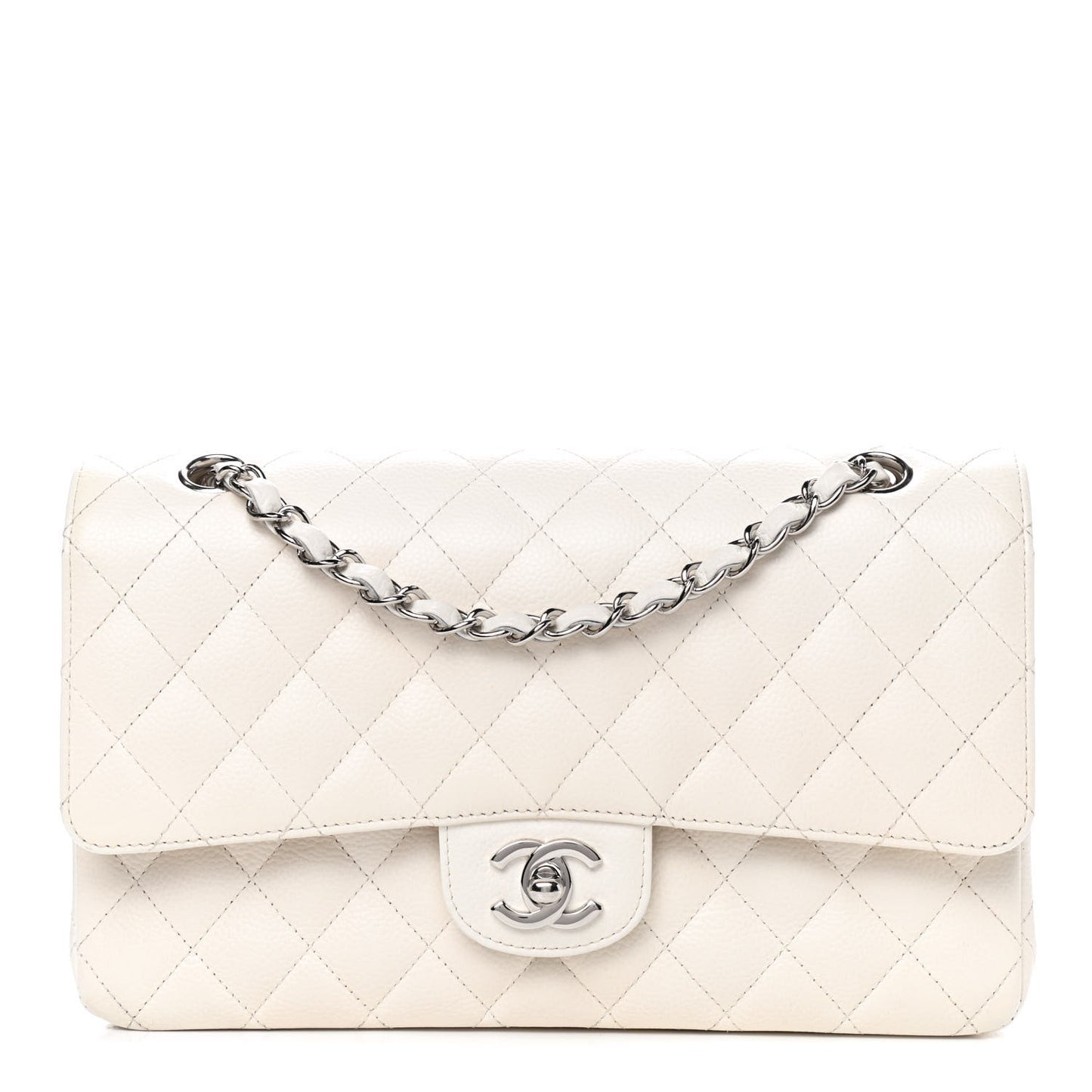 Caviar Quilted Medium Double Flap White