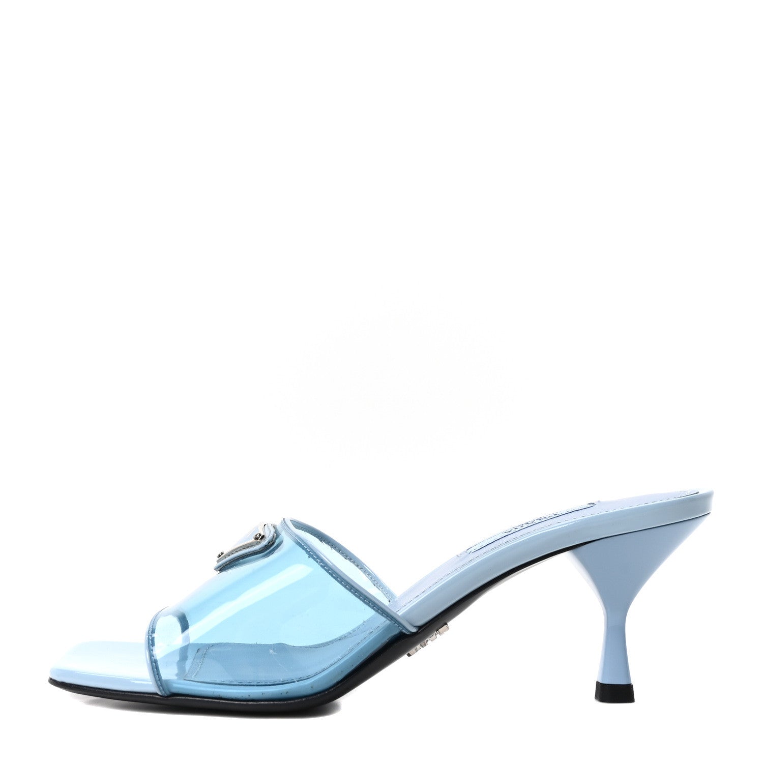 Prada Plexiglass Vernice Metal Triangle Logo 65mm Slide Sandals 36 Celeste 1 of 8