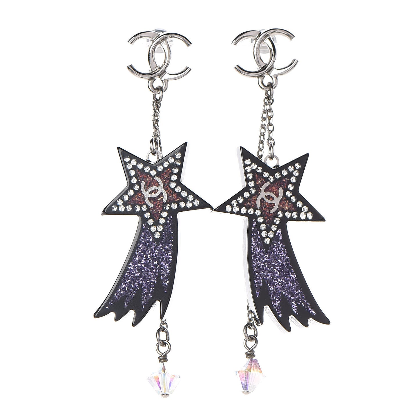 Resin Crystal CC Shooting Star Dangle Earrings Silver Purple