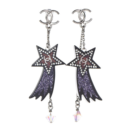 Chanel Resin Crystal CC Shooting Star Dangle Earrings Silver Purple 1 of 4