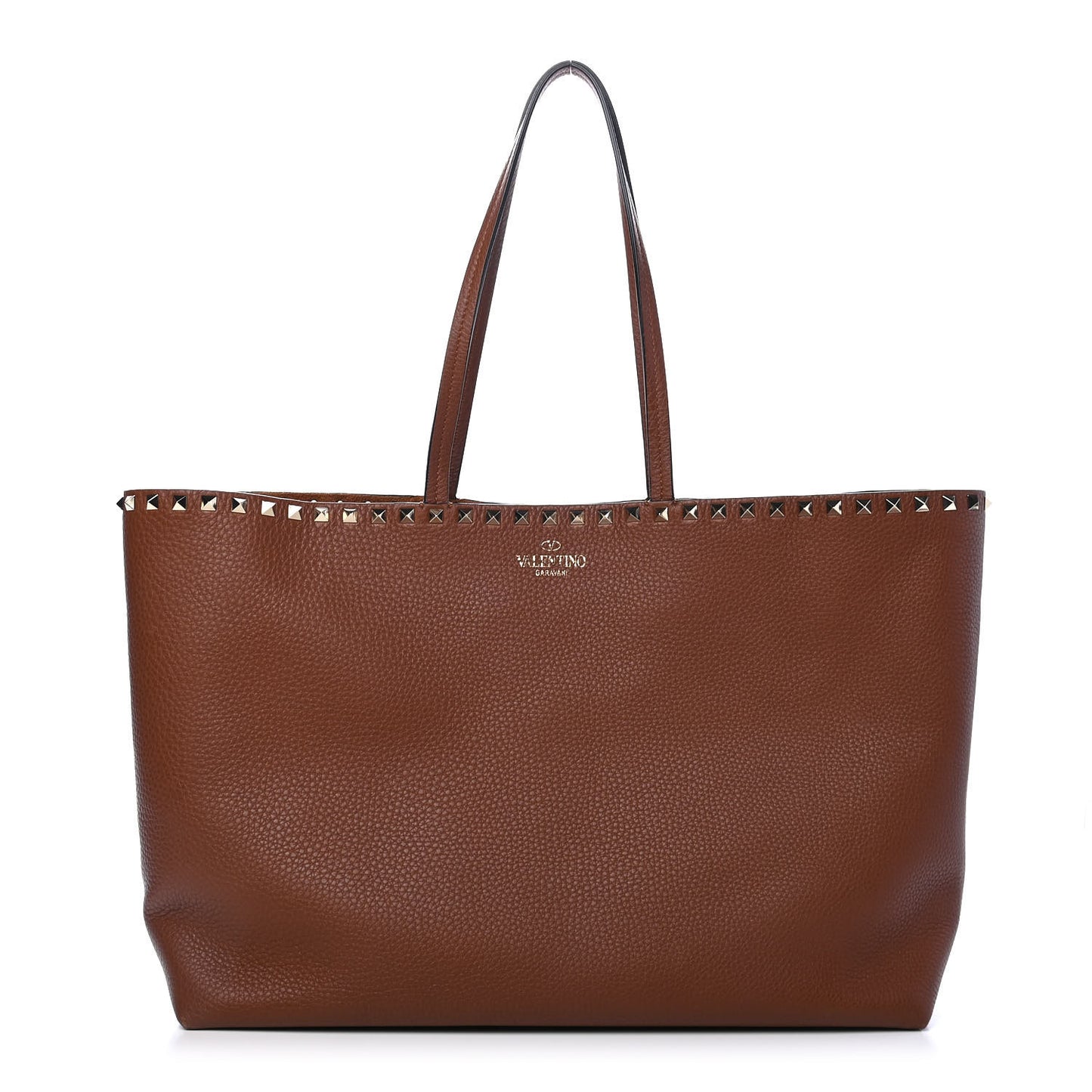 Grained Calfskin Rockstud Shoulder Tote Bright Cognac