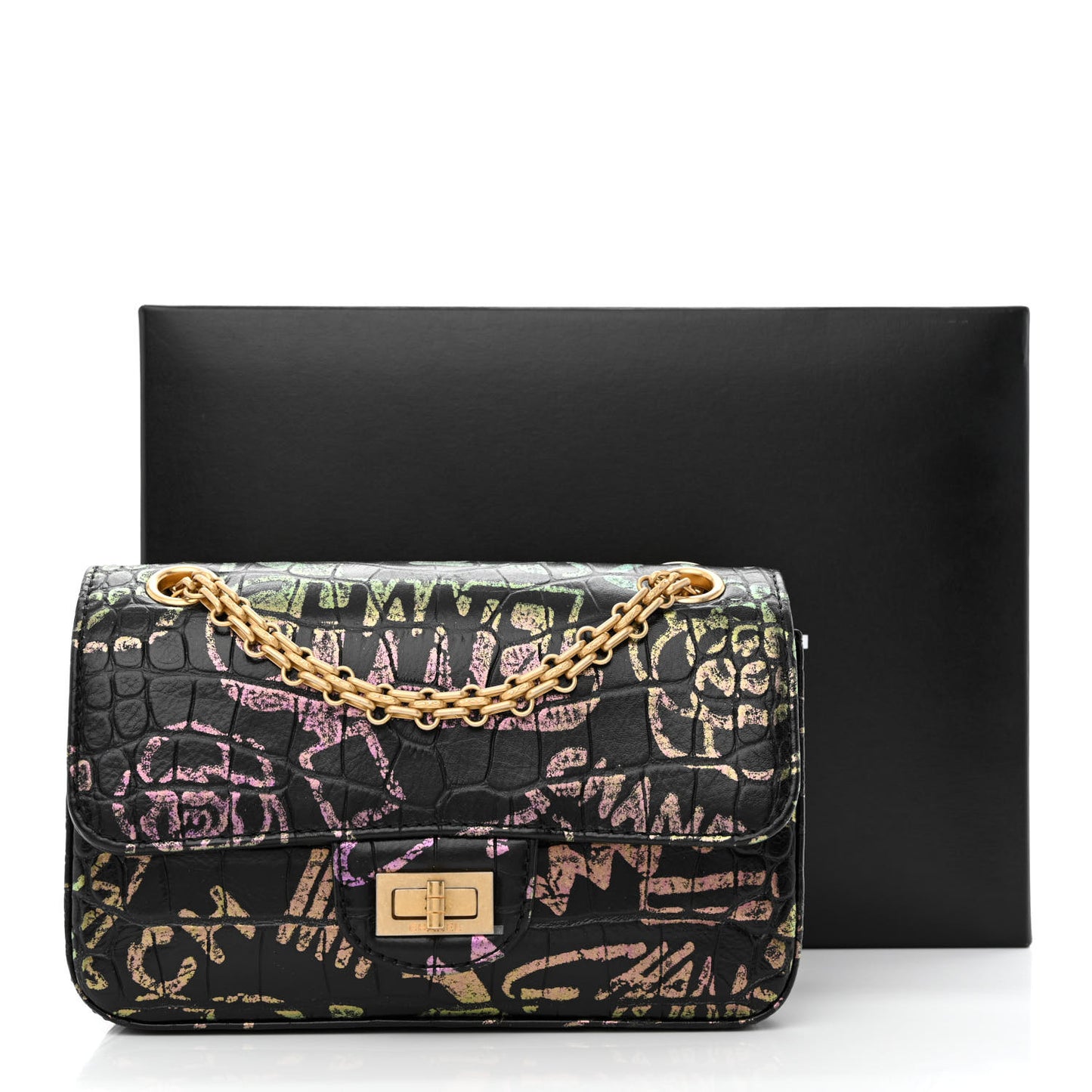 Calfskin Crocodile Embossed Graffiti 2.55 Mini Cocodile Reissue Flap Black Gold