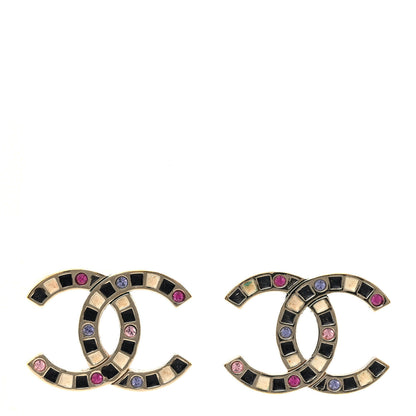 Chanel Crystal Enamel Large CC Earrings Gold Black White Pink 1 of 4