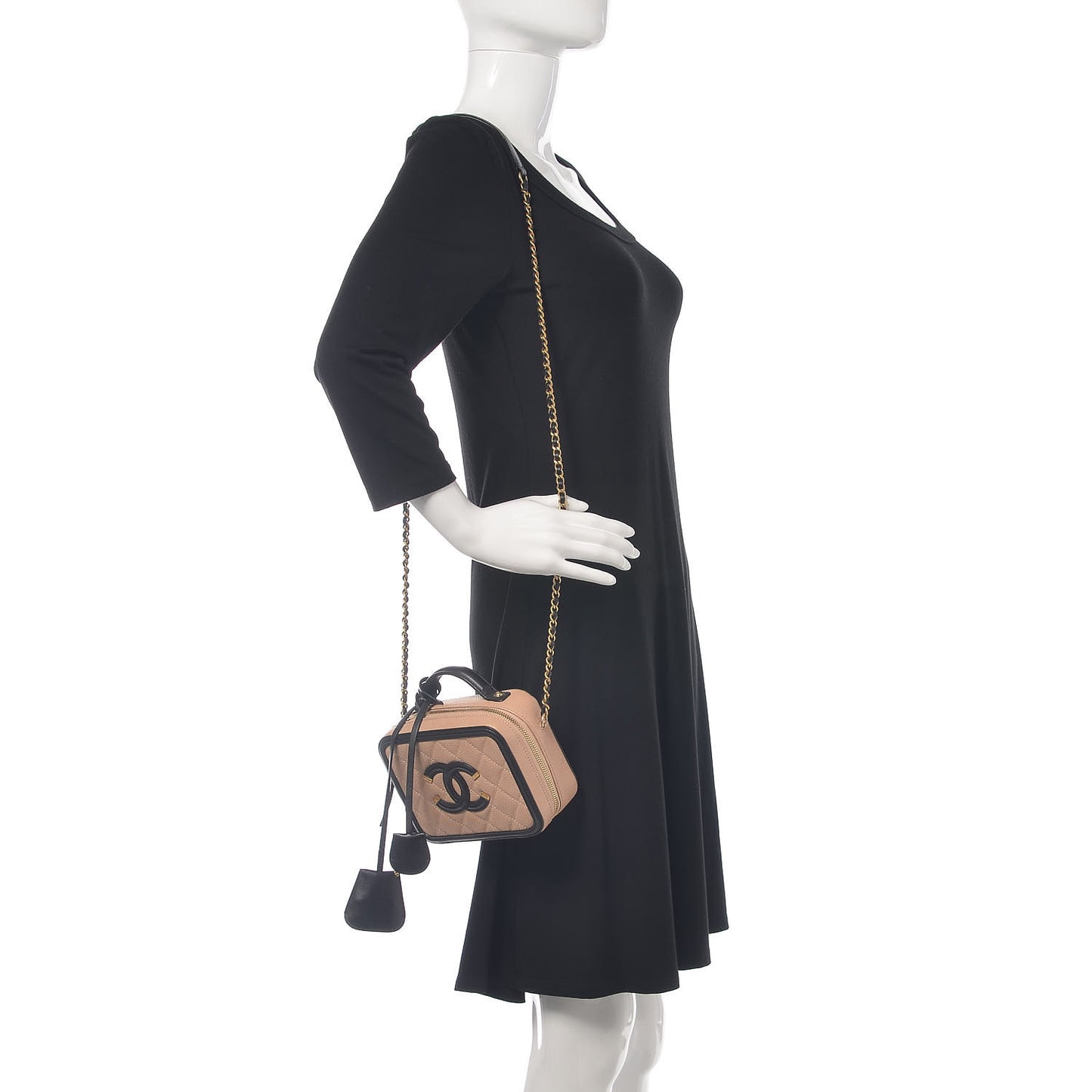 Caviar Quilted Small CC Filigree Vanity Case Beige Black