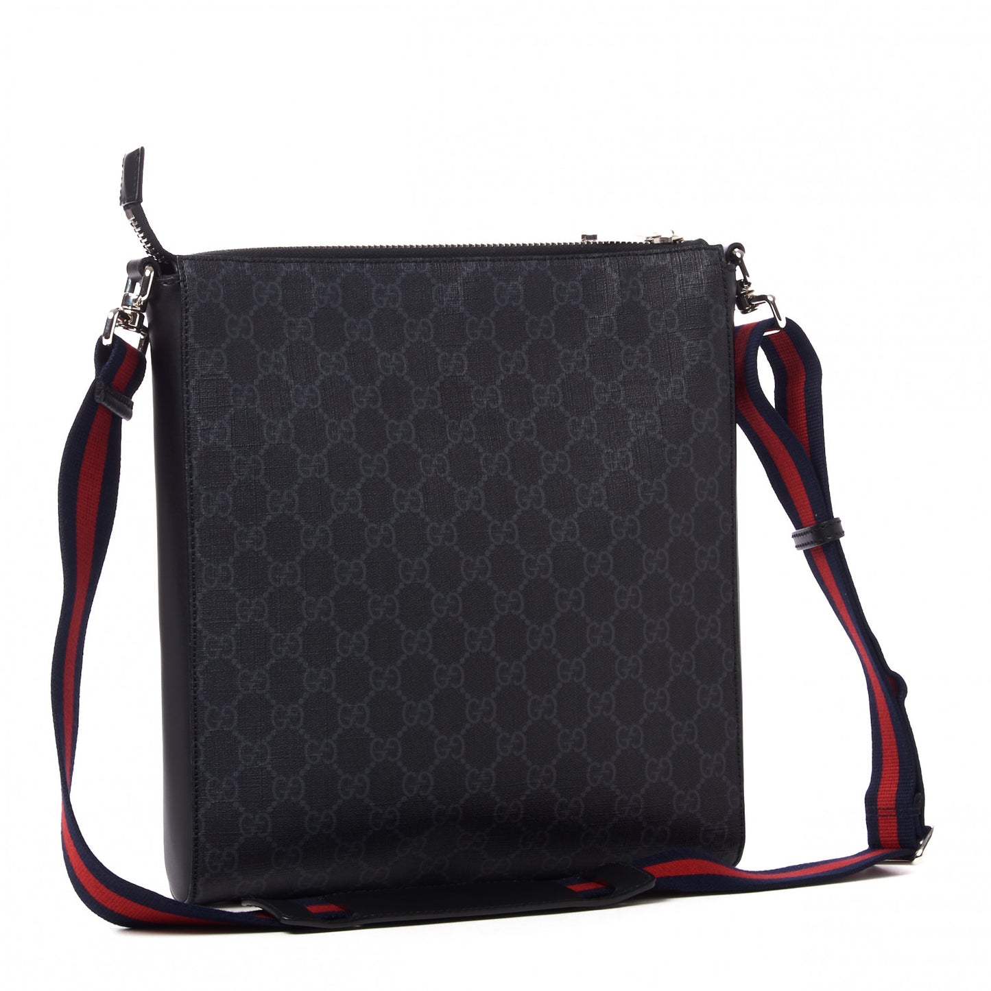 GG Supreme Monogram Appia Calfskin Web Flat Messenger Bag Black Grey