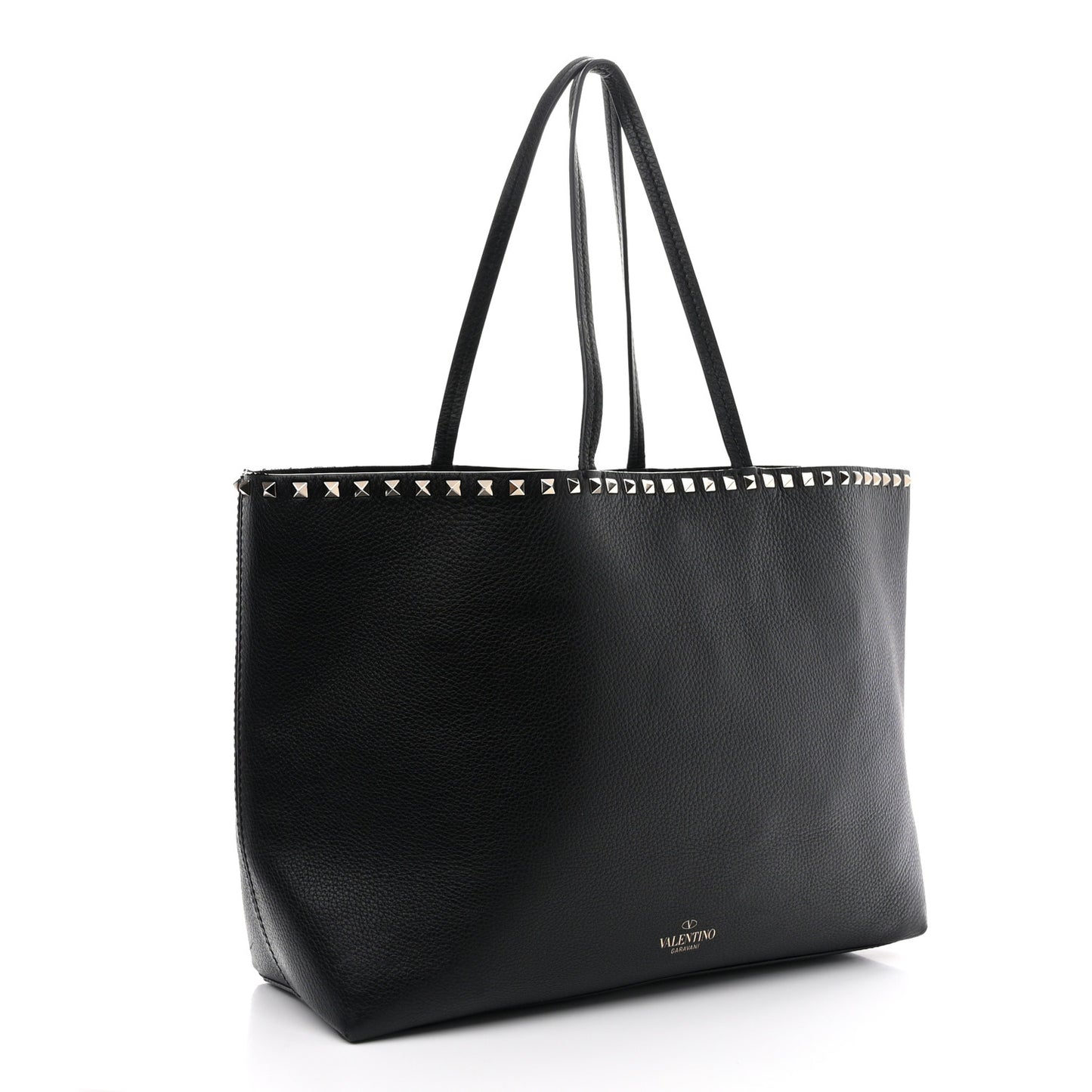 Grained Calfskin Rockstud Shoulder Tote Black
