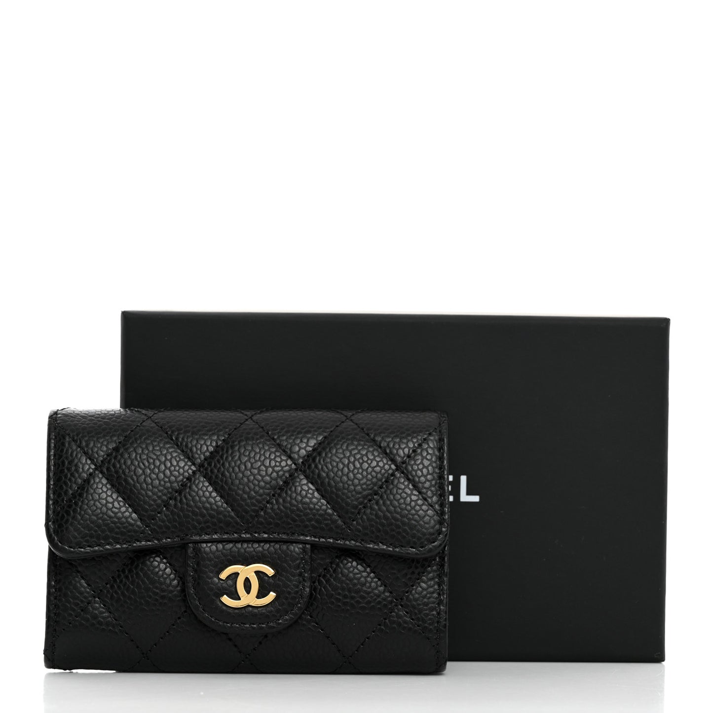 Caviar Quilted Flap Card Holder Wallet Black