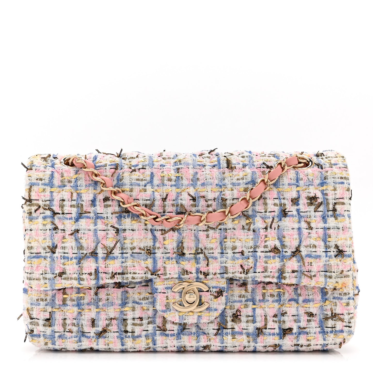 Tweed Quilted Medium Double Flap Blue Pink Gold White