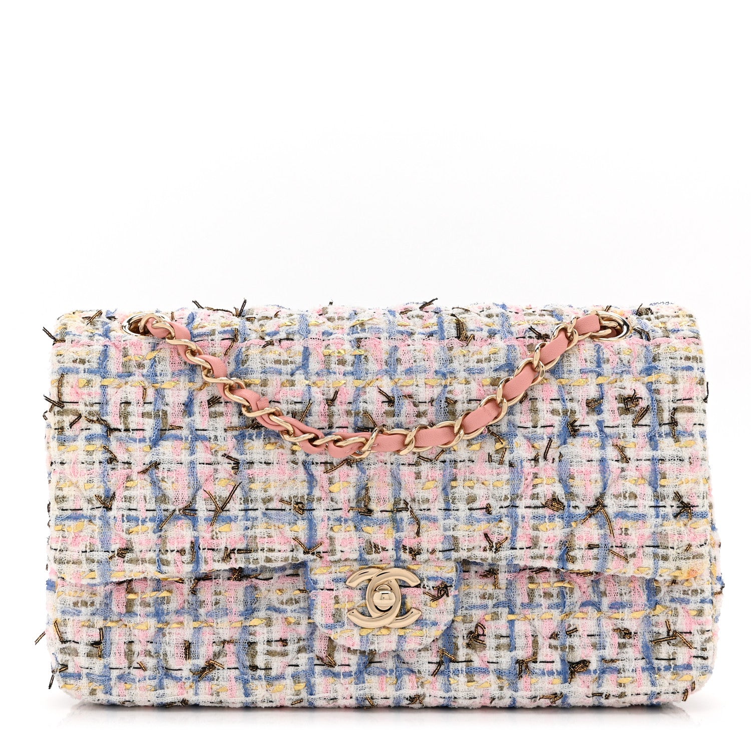 Chanel Tweed Quilted Medium Double Flap Blue Pink Gold White 1 of 11