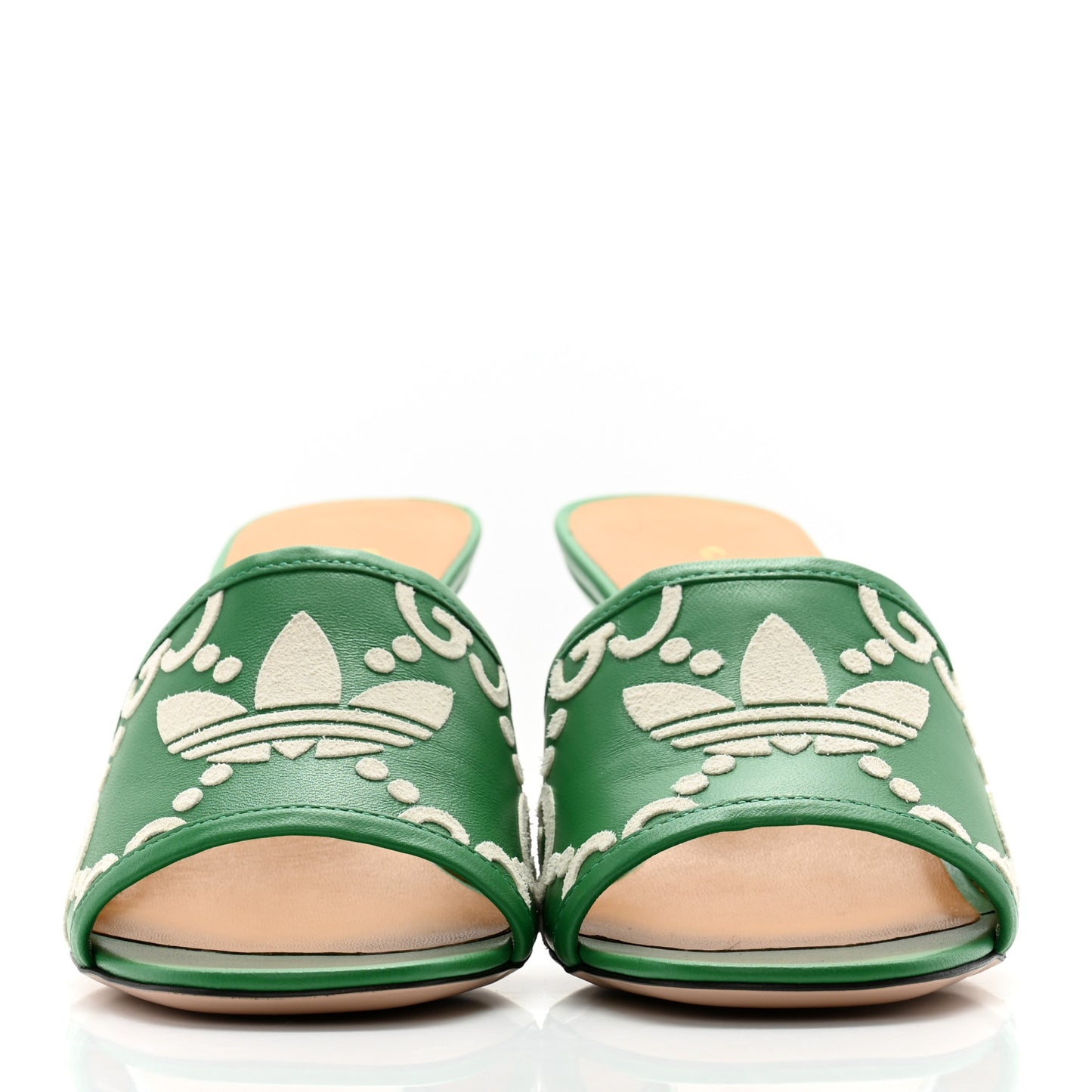 X ADIDAS Nappa Charlotte Suede Monogram Jumbo GG Trefoil 75mm Slide Sandals 38 New Shamarock Ivoire