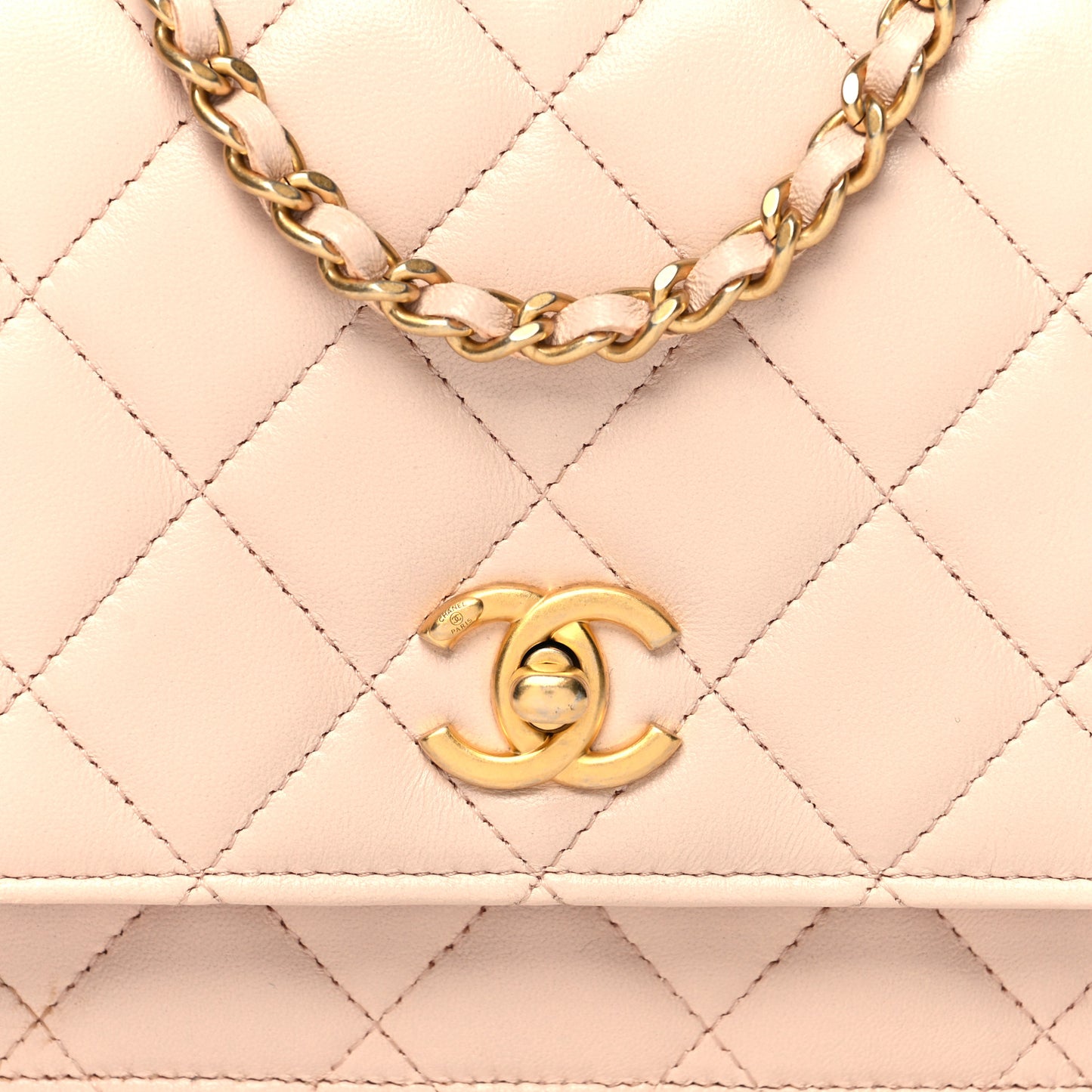 Lambskin Quilted CC Pearl Crush Wallet on Chain WOC Light Beige