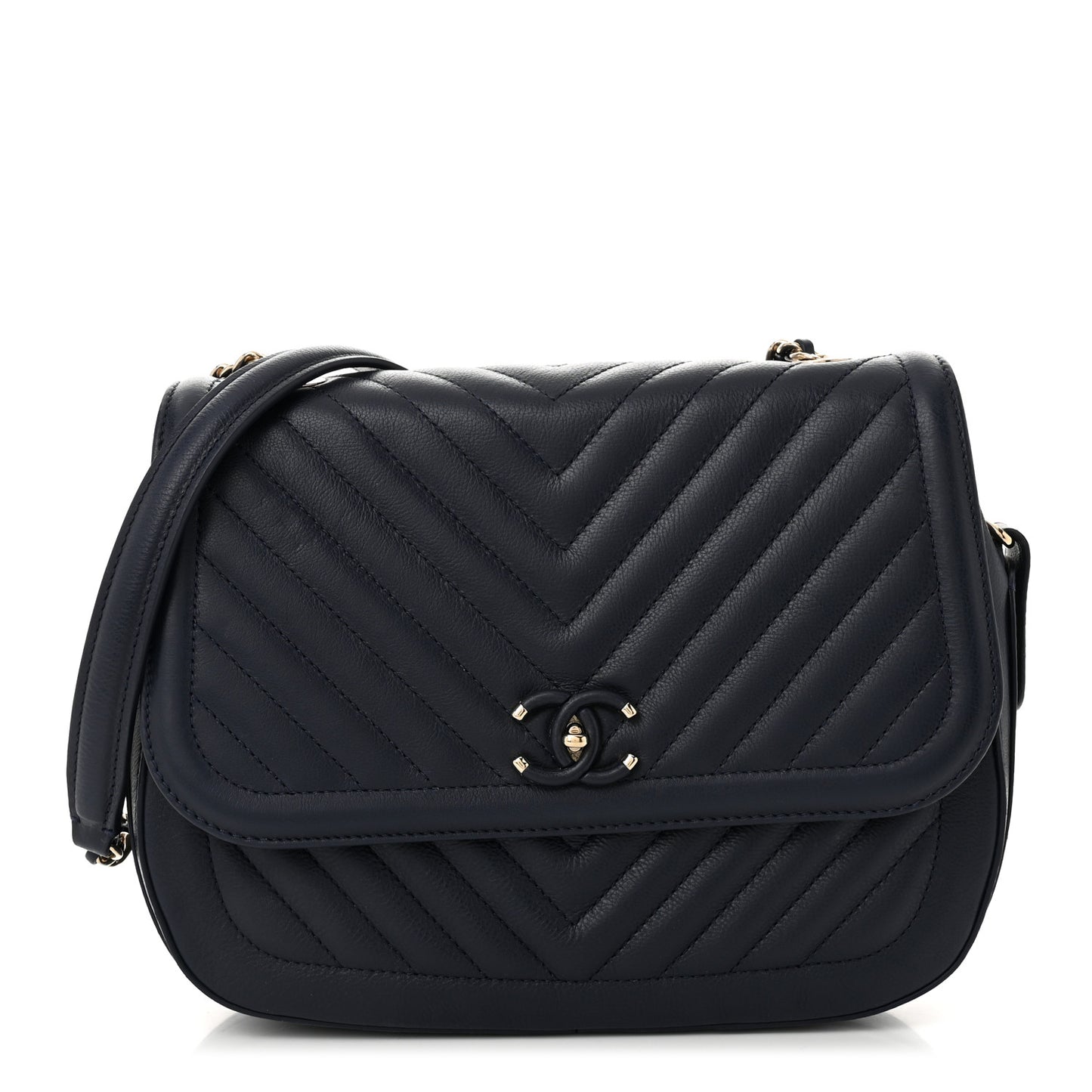 Calfskin Chevron Quilted Messenger Flap Navy