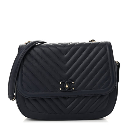 Chanel Calfskin Chevron Quilted Messenger Flap Navy 1 of 11