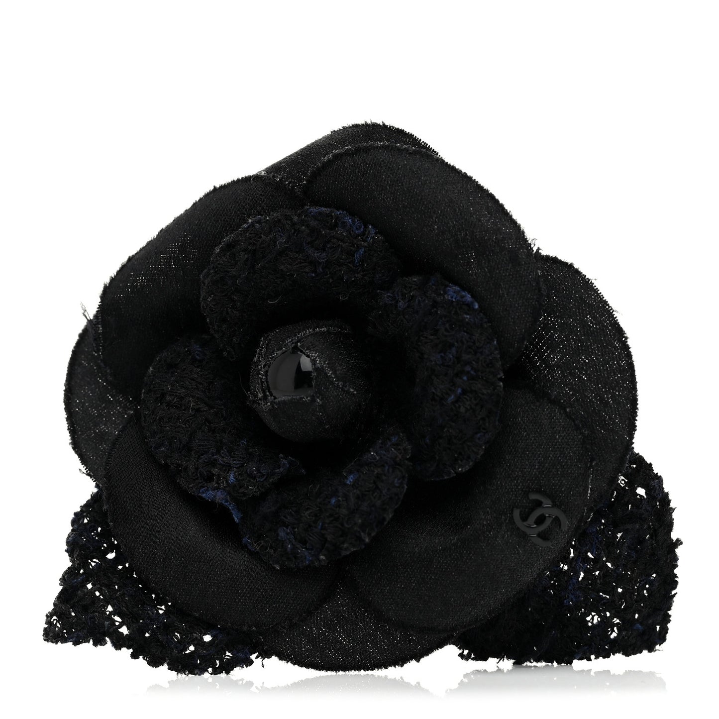 Tweed Fabric Camellia Pin Brooch Black