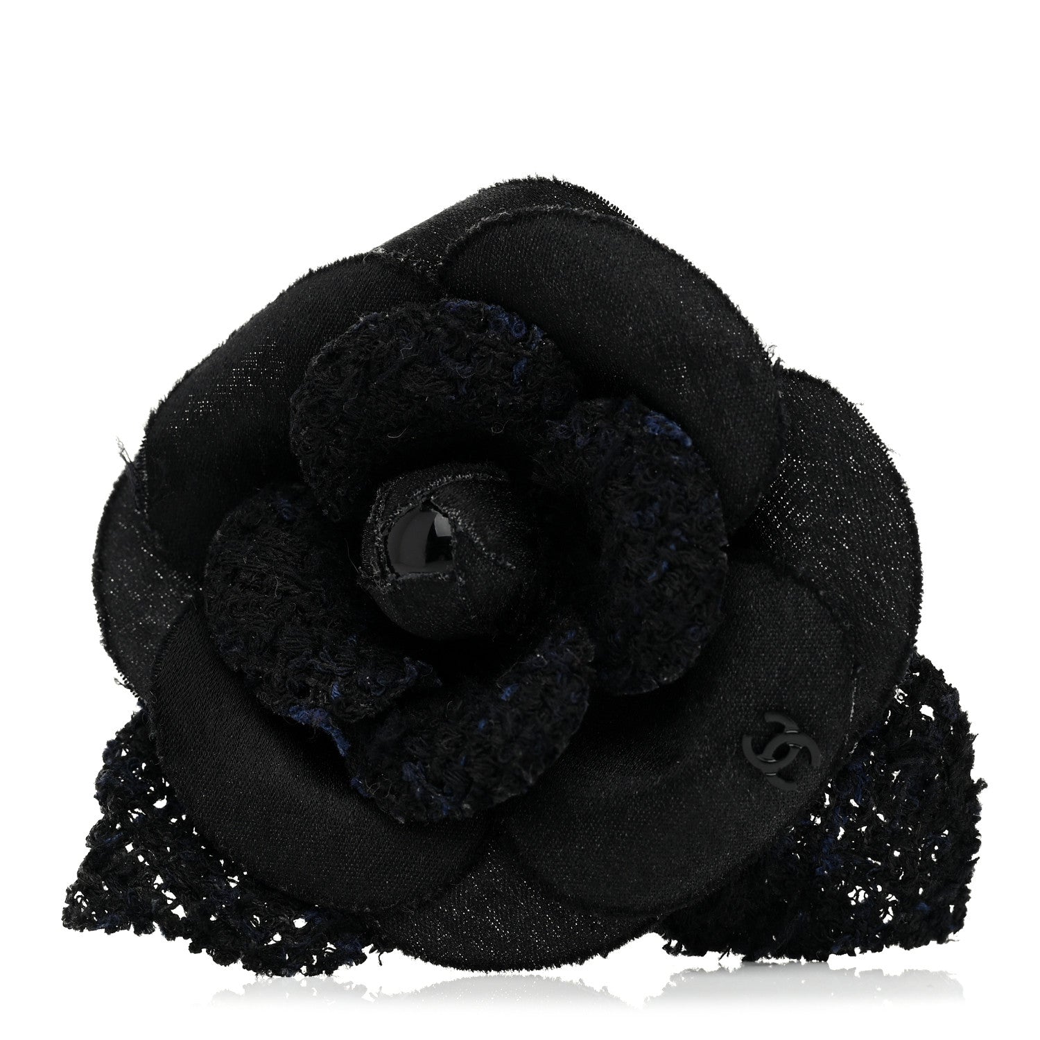 Chanel Tweed Fabric Camellia Pin Brooch Black 1 of 3