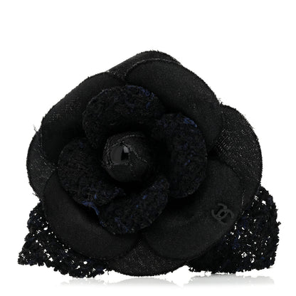 Chanel Tweed Fabric Camellia Pin Brooch Black 1 of 3