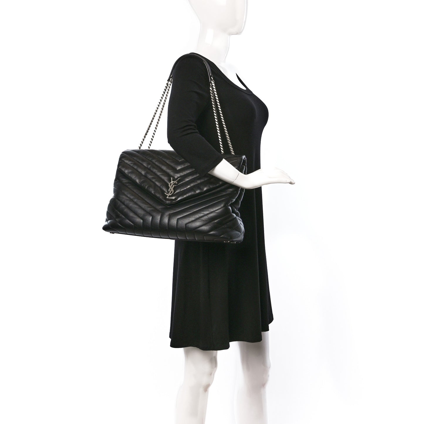 Calfskin Y Quilted Monogram Large Loulou Chain Satchel Black