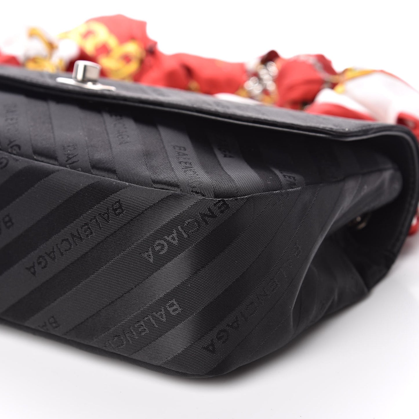 Nylon Jacquard Diagonal Logo Medium Scarf Lock Chain Shoulder Bag Black Red