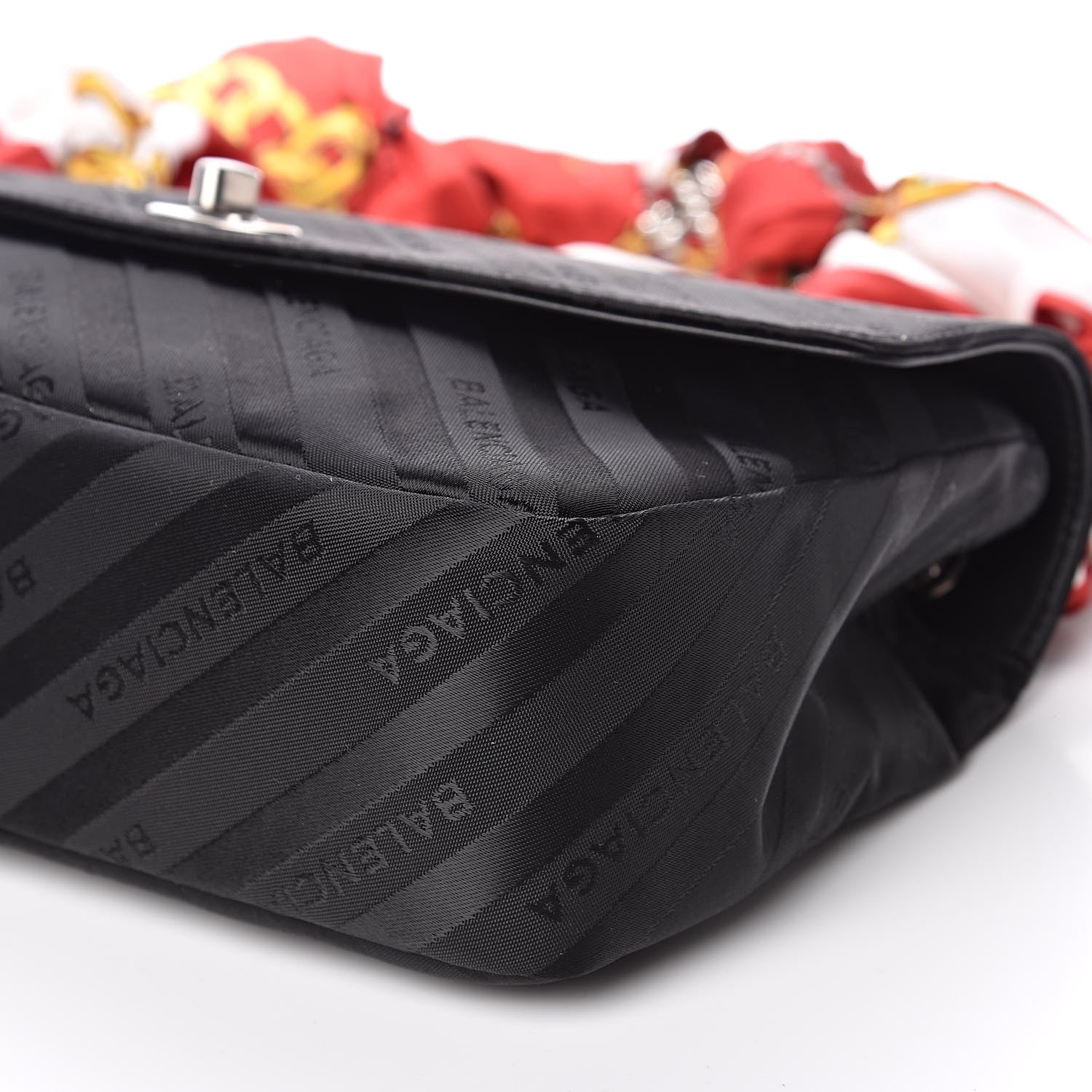 Balenciaga Nylon Jacquard Diagonal Logo Medium Scarf Lock Chain Shoulder Bag Black Red 8 of 9