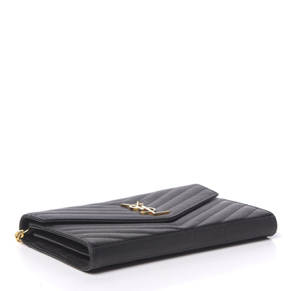 Saint Laurent Grain De Poudre Matelasse Chevron Monogram Chain Wallet Black 4 of 14