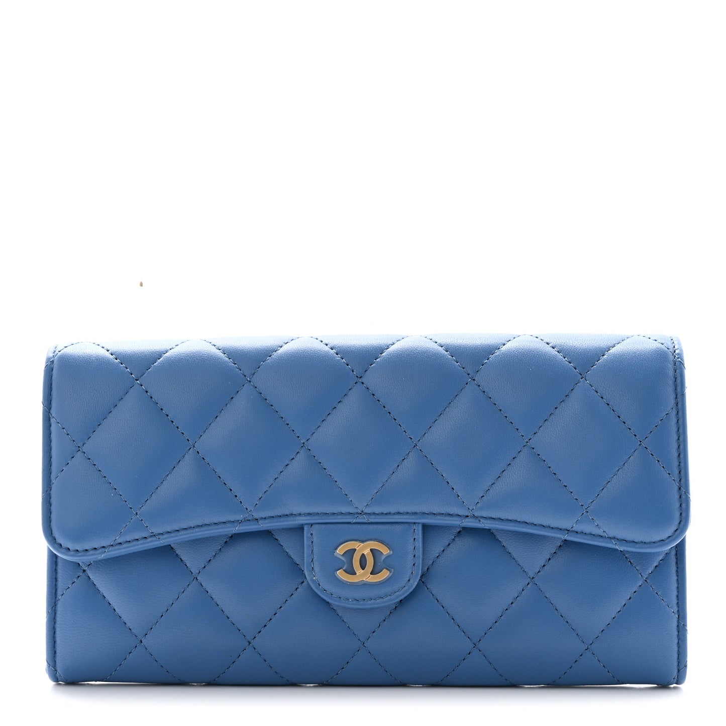 Lambskin Quilted Large Gusset Flap Wallet Blue