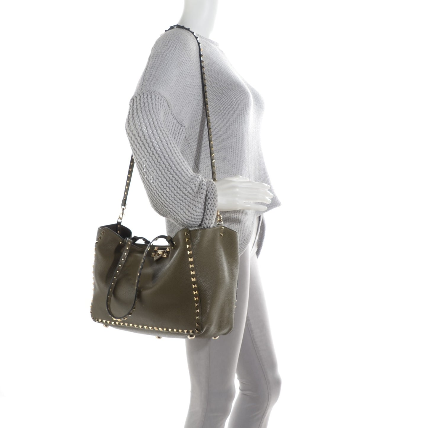 Alce Printed Calfskin Medium Rockstud Tote Army Green