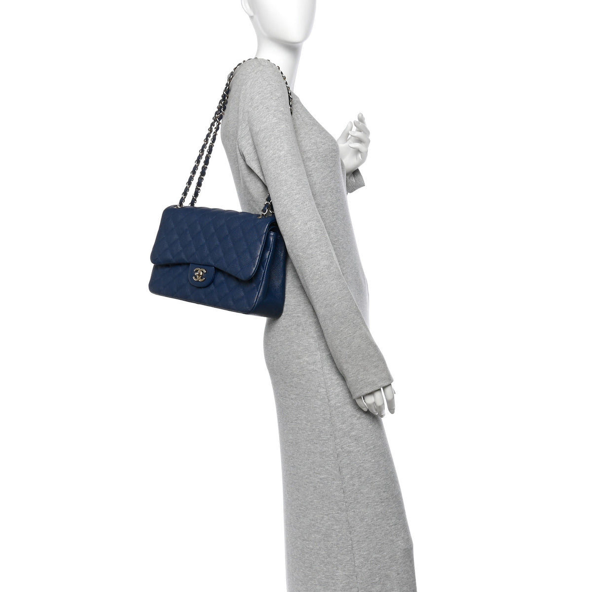 Caviar Quilted Jumbo Double Flap Navy Blue