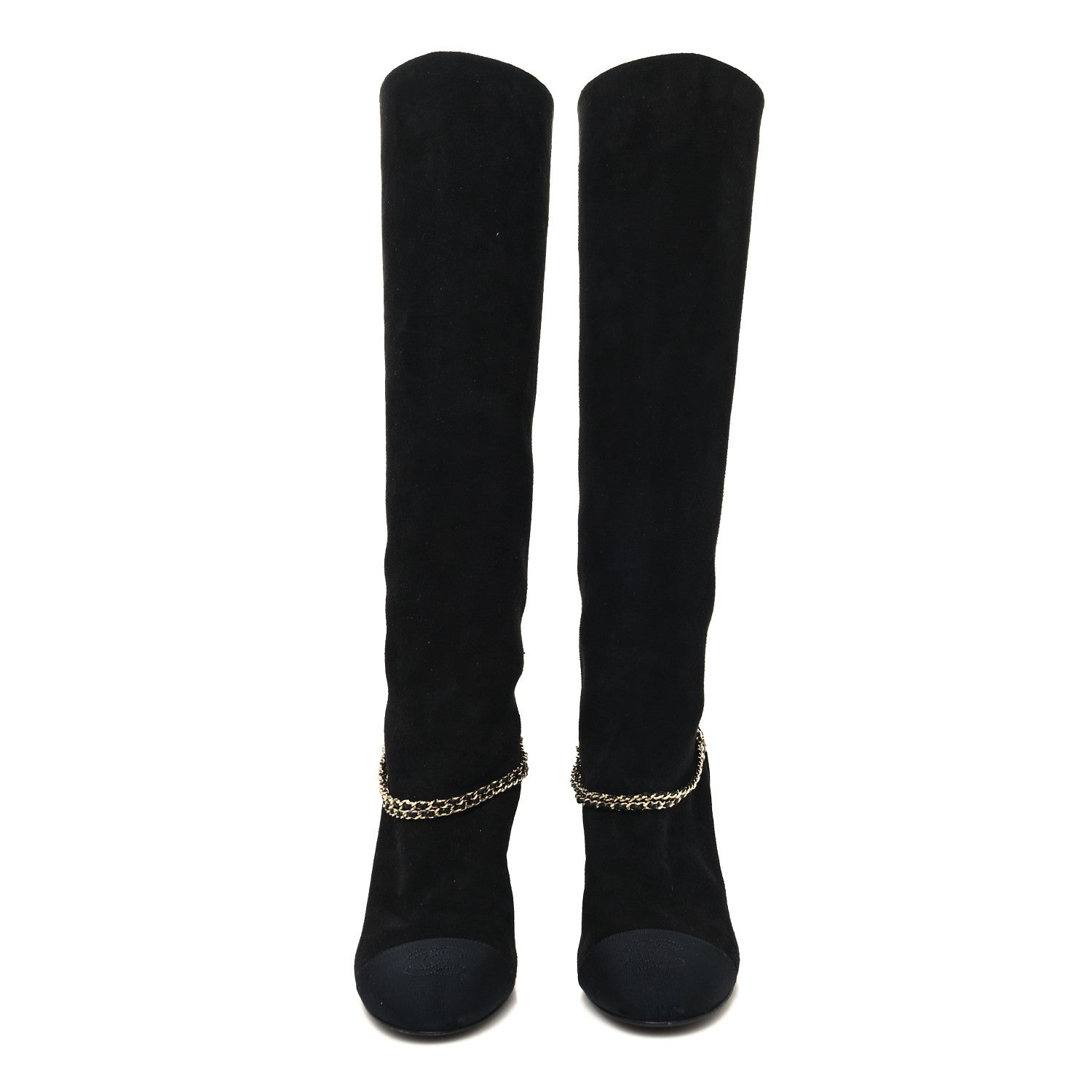 Chanel Suede Grosgrain Cap Toe Chain Boots 36.5 Black 2 of 7