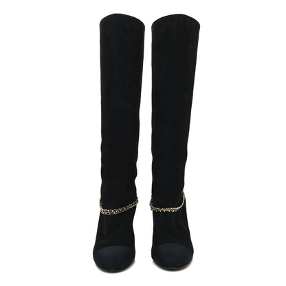 Chanel Suede Grosgrain Cap Toe Chain Boots 36.5 Black 2 of 7