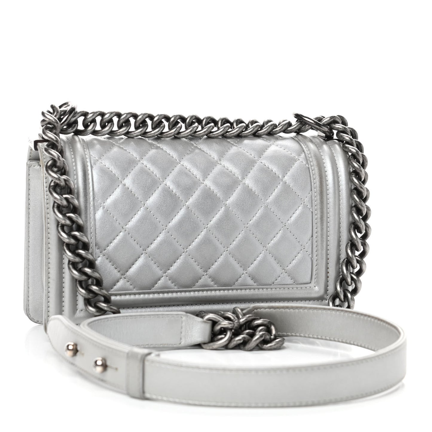 Metallic Calfskin Quilted Small Boy Flap Silver